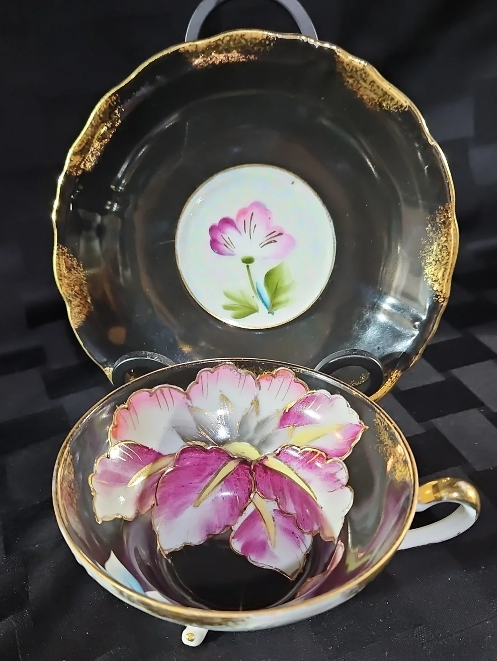 Porcelain Black Colorful Water Lily and Orchid Lustreware Teacup and Saucer